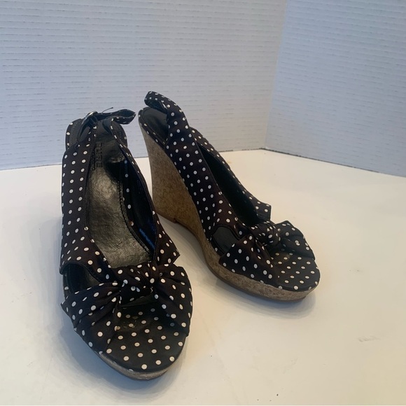 PURE Alfred Sung polka dot cork  beach heels-size 8 black and white - Picture 1 of 13